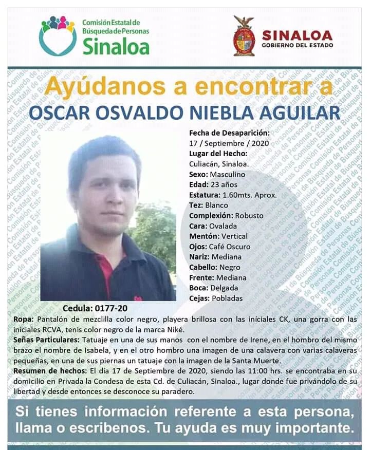 Óscar Osvaldo Niebla Aguilar fue desaparecido el 17 de septiembre de 2020 en Culiacán. Imagen: Comisión Estatal de Búsqueda