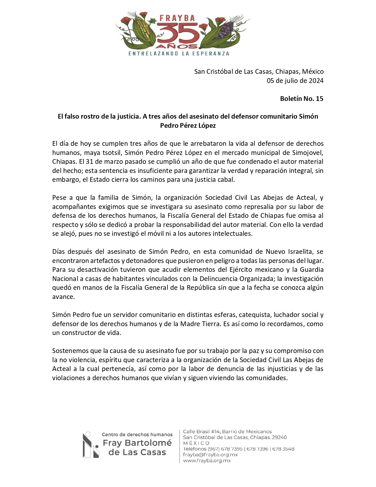 Comunicado, Abejas Acteal, Simón Pedro, Asesinato, Chiapas