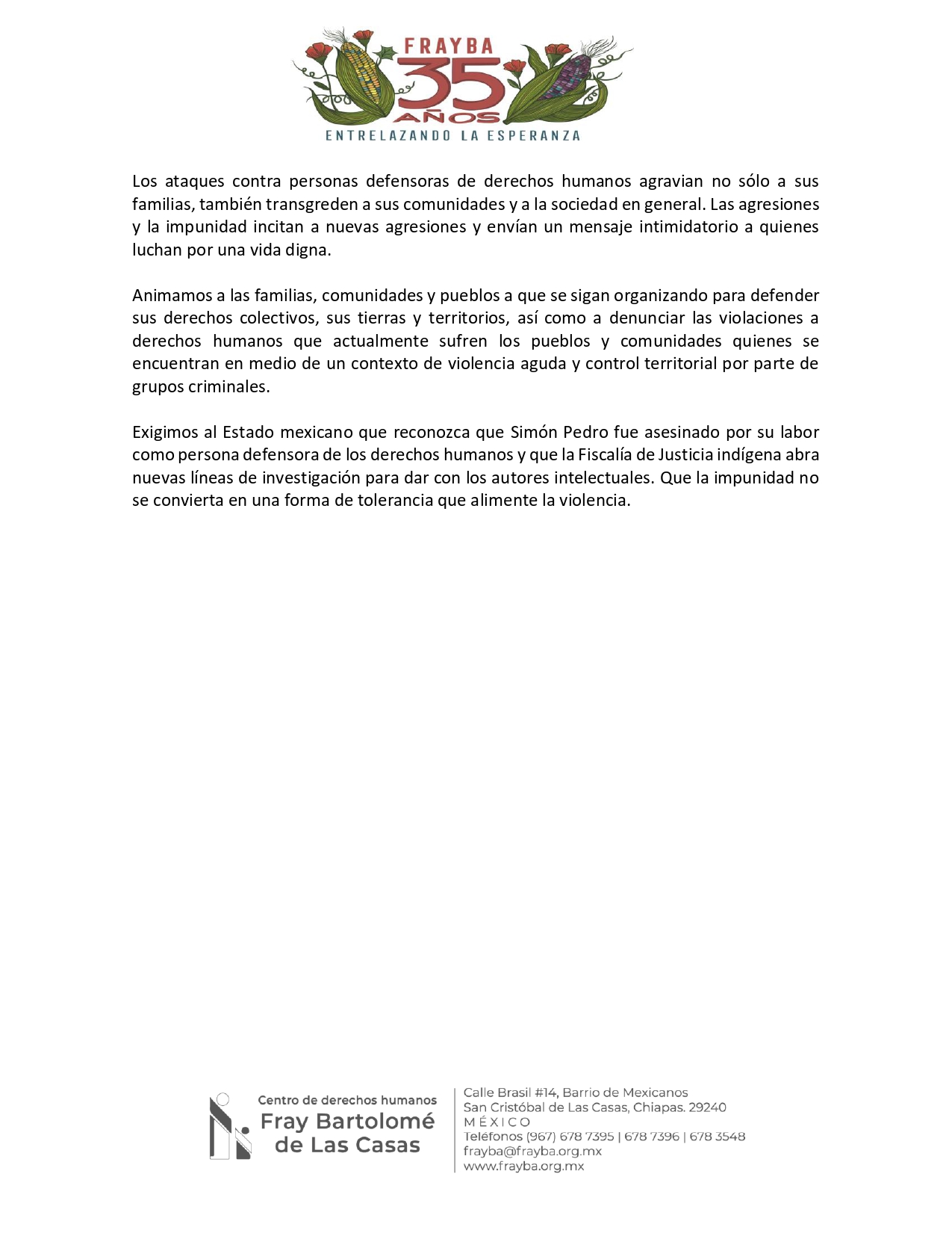 Comunicado, Abejas Acteal, Simón Pedro, Asesinato, Chiapas