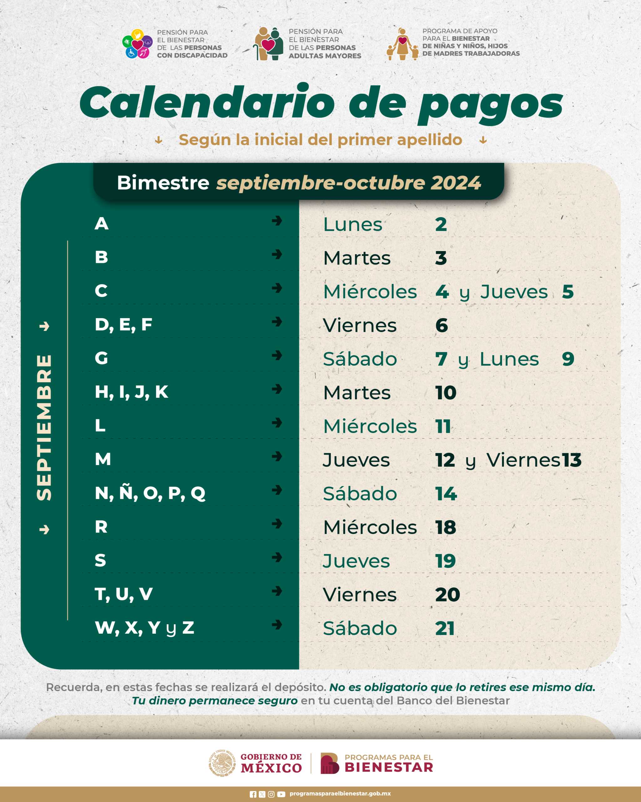 Calendario de pagos de pensión bienestar septiembre