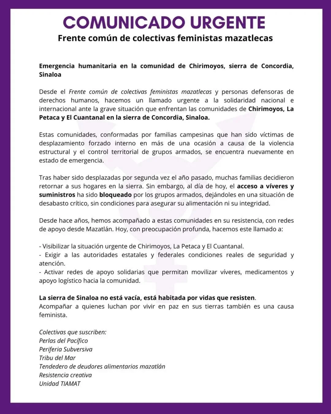 frente de colectivas feministas mazatlecas - crisis humanitaria desplazamiento bloqueos