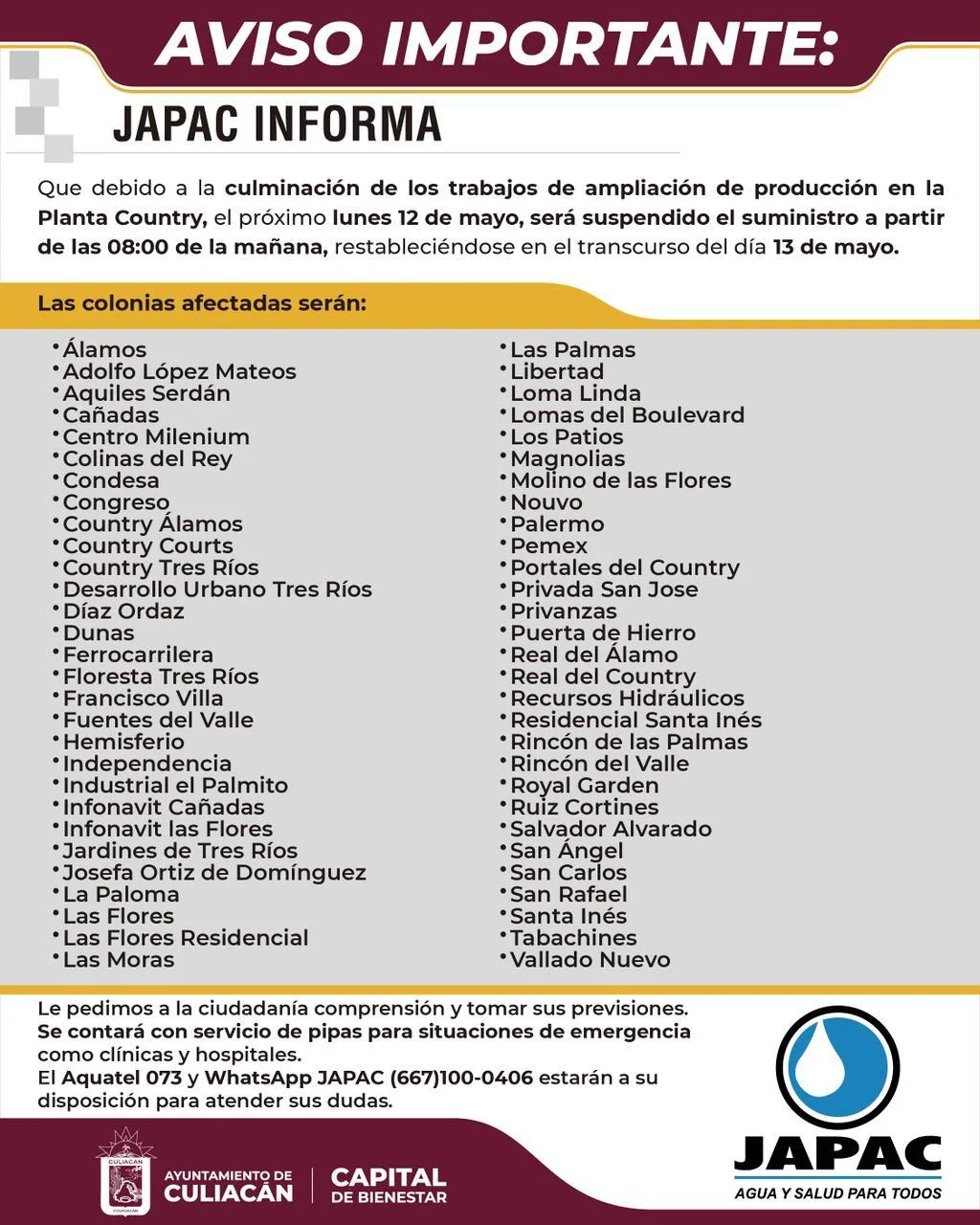 suspension de agua colonias culiacan japac 12-13 mayo