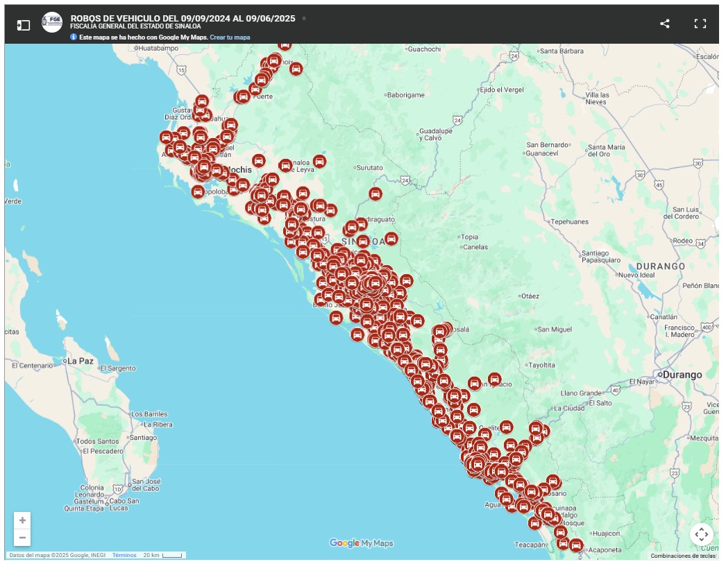 mapa robo de autos fiscalia general de sinaloa desde el 9 de septiembre del 2024