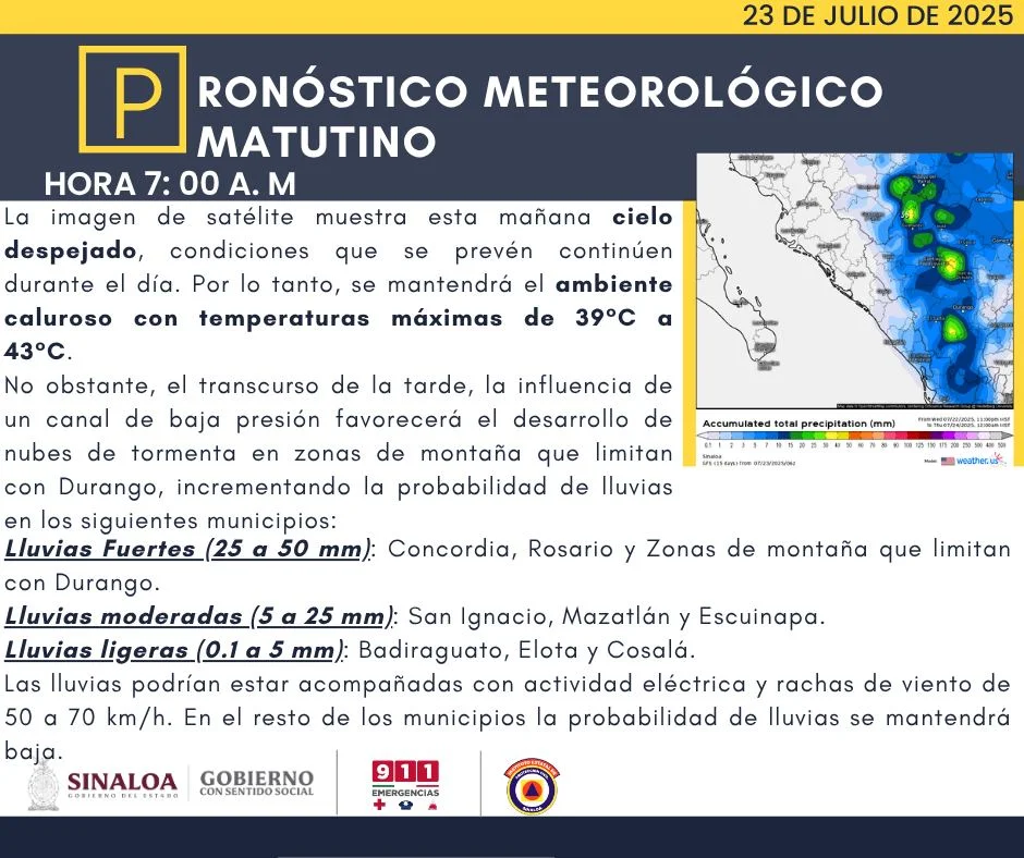 clima sinaloa 23 de julio 2025