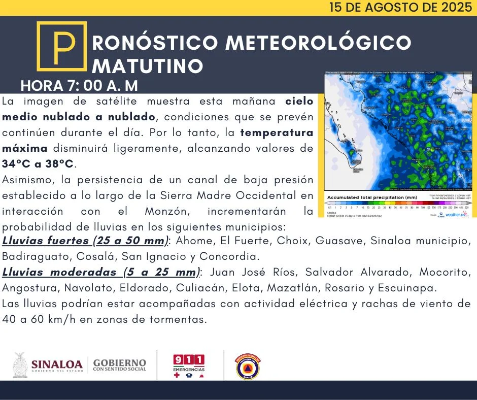 clima sinaloa 15 de agosto 2025