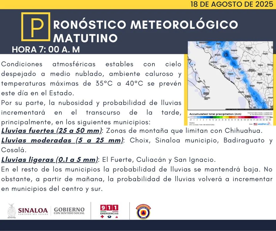 clima sinaloa 18 de agosto 2025