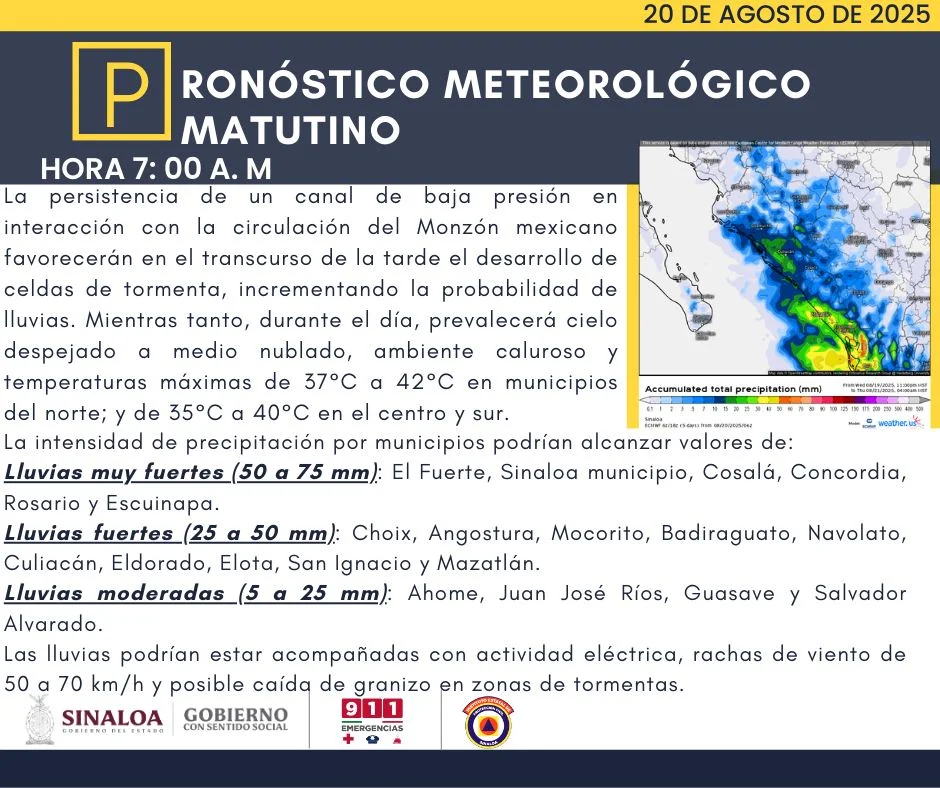 clima sinaloa 20 de agosto 2025