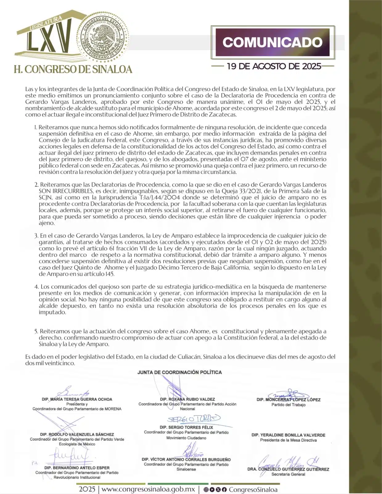 comunicado congreso GVL 19 agosto 2025