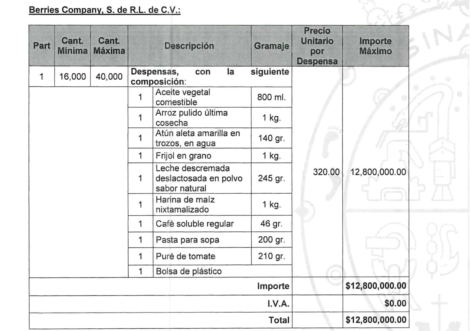 Copia de pantalla de los documentos incluidos en la contratación de la empresa Berries Company por parte del Gobierno de Sinaloa