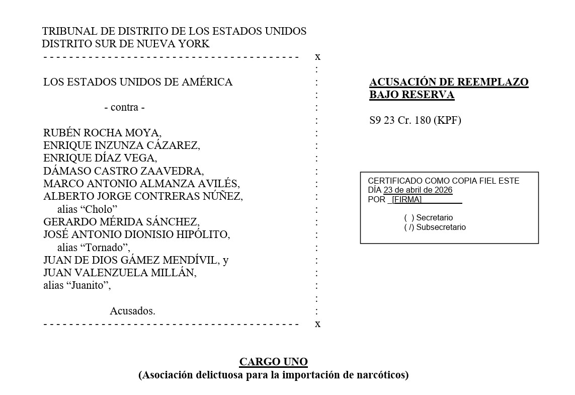 Carátula del expediente publicado por el Departamento de Justicia de los Estados Unidos, el 29 de abril de 2026, en contra del gobernador Rocha Moya y otros nueve funcionarios.