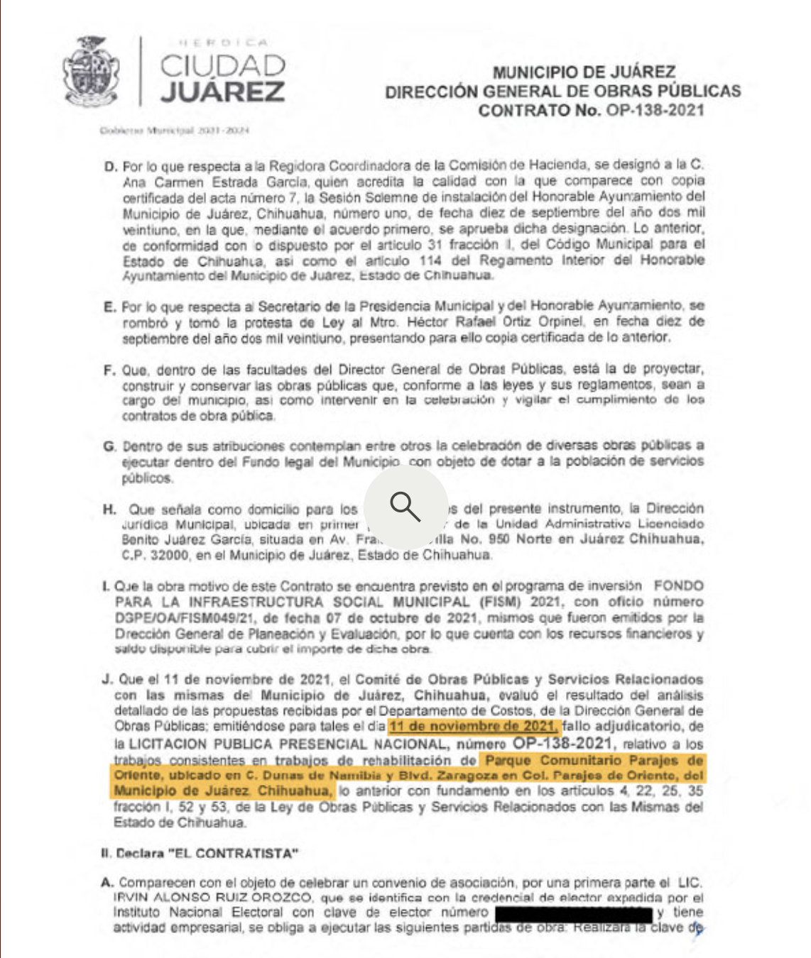 El primer contrato que el gobierno de Cruz Pérez Cuéllar otorgó a Irvin Alonso Ruiz Orozco, por más de 1.8 millones de pesos para la rehabilitación del parque comunitario Parajes de Oriente, en noviembre de 2021.