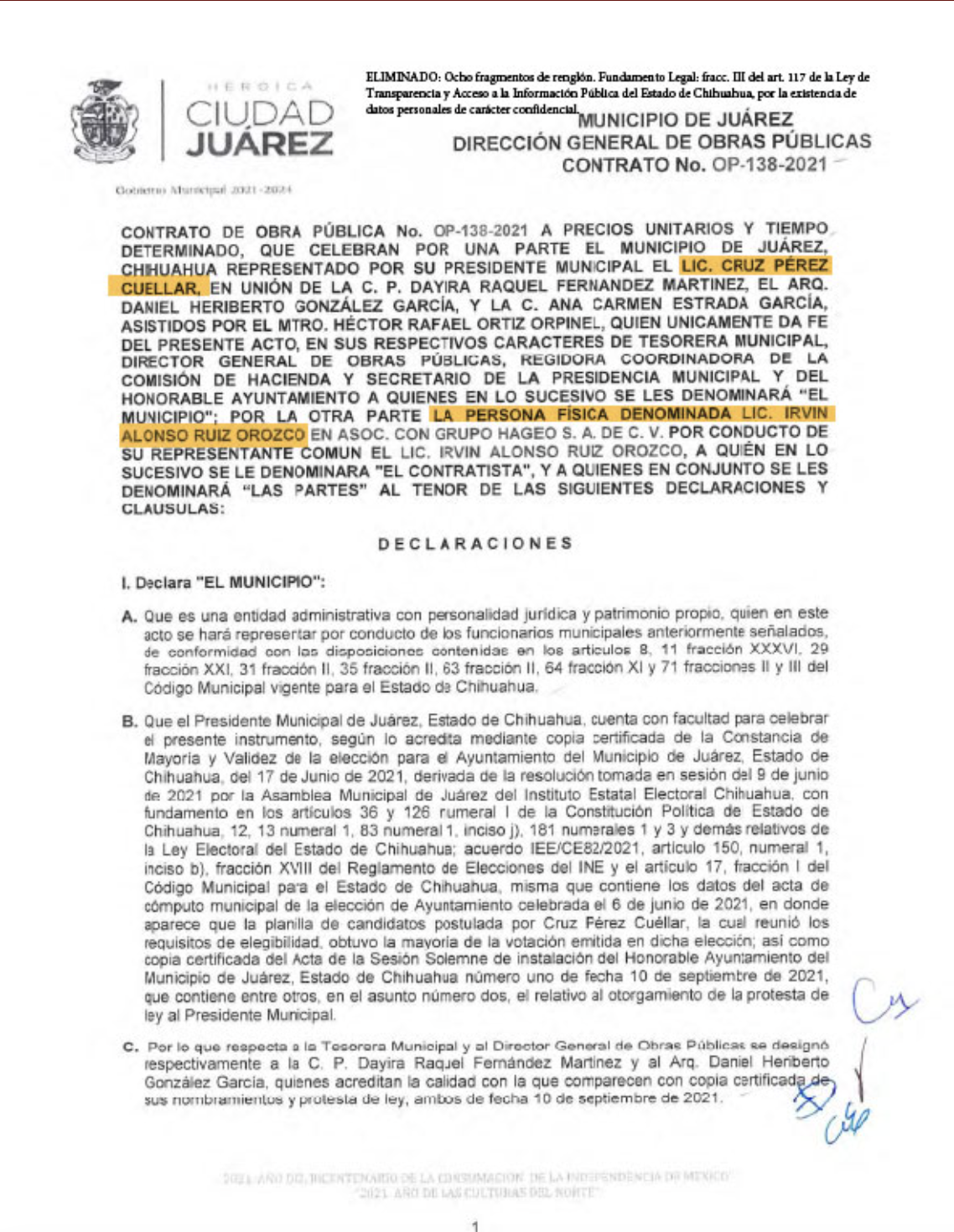 El primer contrato que el gobierno de Cruz Pérez Cuéllar otorgó a Irvin Alonso Ruiz Orozco, por más de 1.8 millones de pesos para la rehabilitación del parque comunitario Parajes de Oriente, en noviembre de 2021.